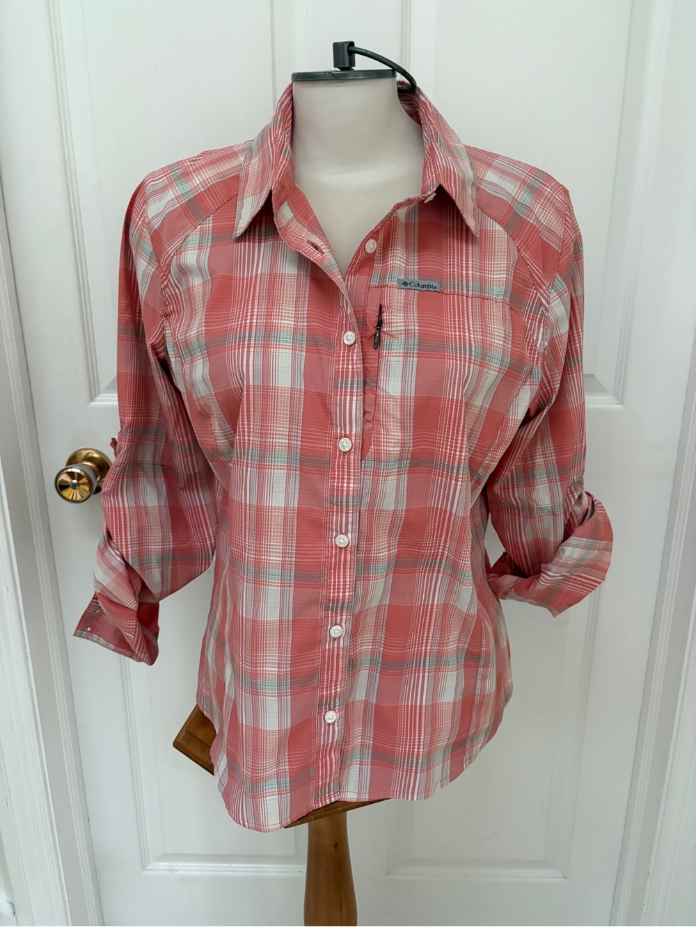 Columbia Coral and White Plaid Long-Sleeve Shirt
